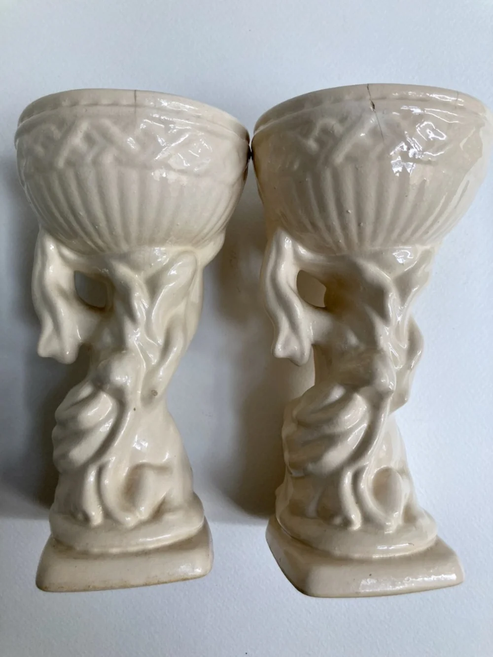 Vintage Rococo Pair of Cream Ceramic Cherub Urns